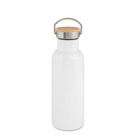 Edelstahl-Thermoflasche mit Bambusdeckel 500 ml in weiß